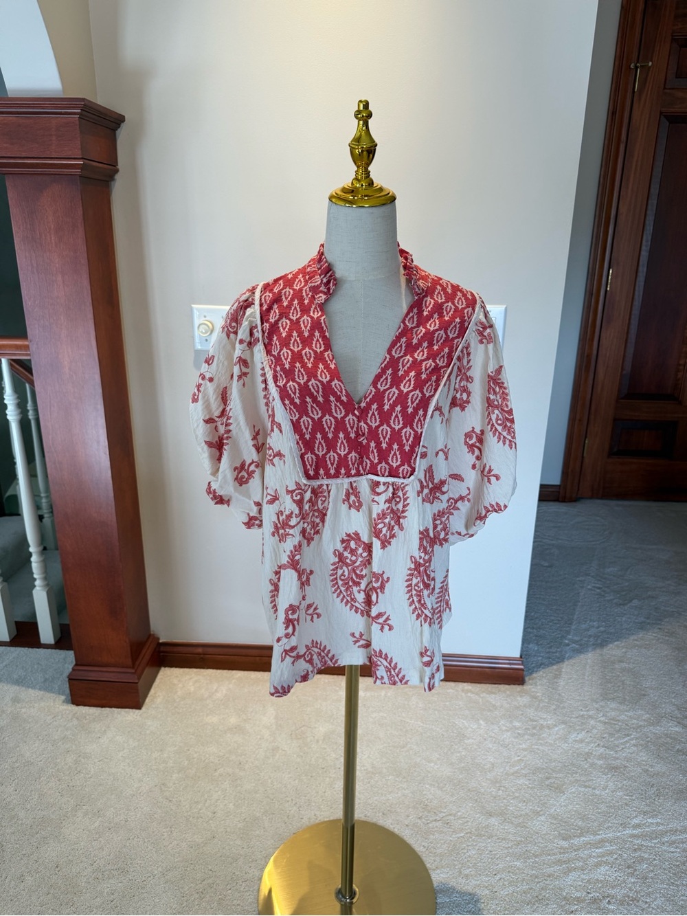 Umgee Cream Tunic with Red Boho Print and V-Neck